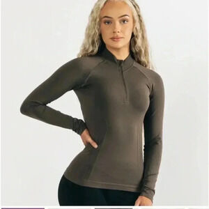 Women’s Alphalete Amplify Seamless Long  Sleeve with quarter zip; brown, size xl